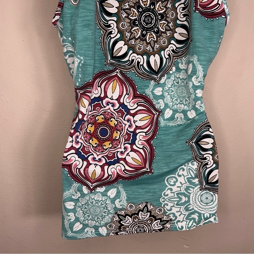 LARGE 42 POPS BLUE BOHO RUFFLE SLEEVELESS STRETCH BLOUSE TOP PAISLEY - Picture 8 of 11